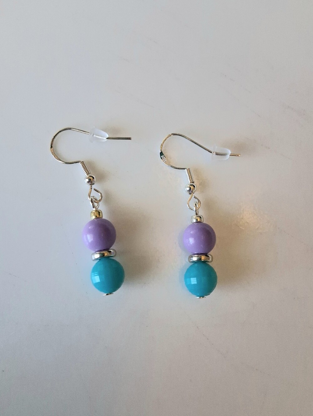 Women Handmade Purple and Turquoise Bead Drop Earrings w/Silver Tones